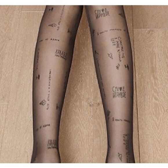 Funny Russian Text Letters Tattoo Printed Black Sheer Nylon Pantyhose Tights NEW - Picture 2 of 9